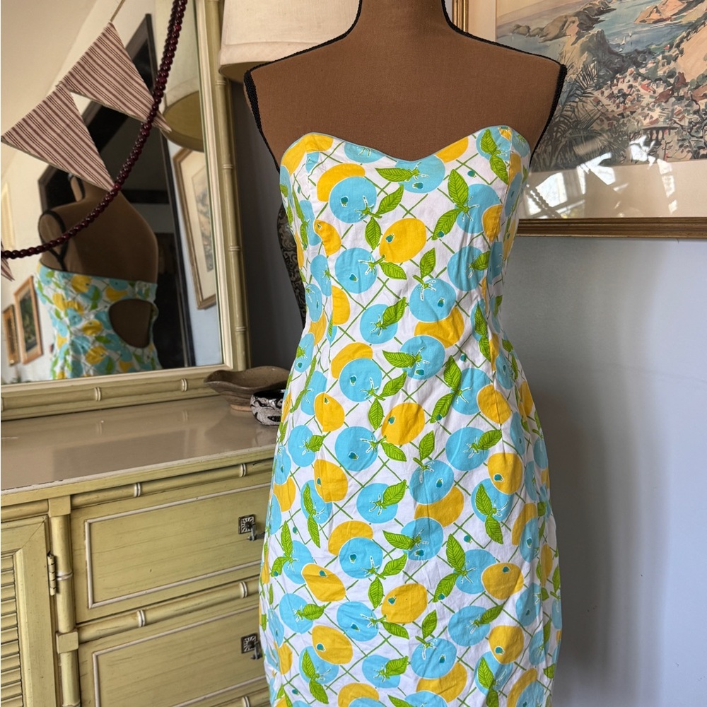Vintage Lilly Strapless Lemon & Blueberries Print Cotton Dress